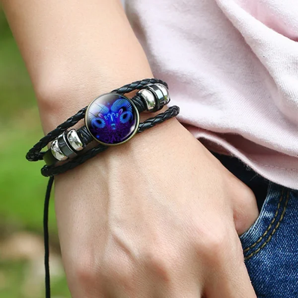 ⁦Aries Taurus Gemini Cancer Leo Virgo Libra Scorpio Sagittarius Capricorn Aquarius Pisces Zodiac Genuine Leather Bracelets⁩ - الصورة ⁦3⁩
