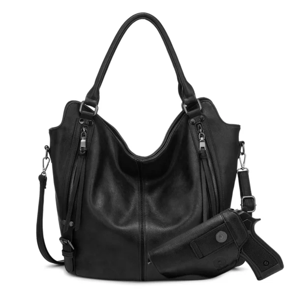 ⁦REALER Tactical Concealed Carry Hobo Purse Lady Leather Shoulder Bags Handbags Women Large Tote Bag With Detachable Gun Holster⁩ - الصورة ⁦6⁩