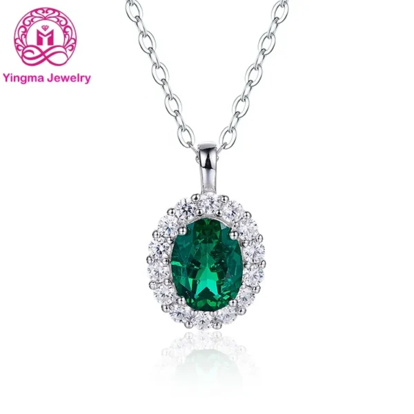 ⁦Fine Jewelry 925 Sterling Silver Oval Cut Synthetic Gemstone 1 Carat Diamond Pendant Green Emerald Necklace⁩ - الصورة ⁦6⁩