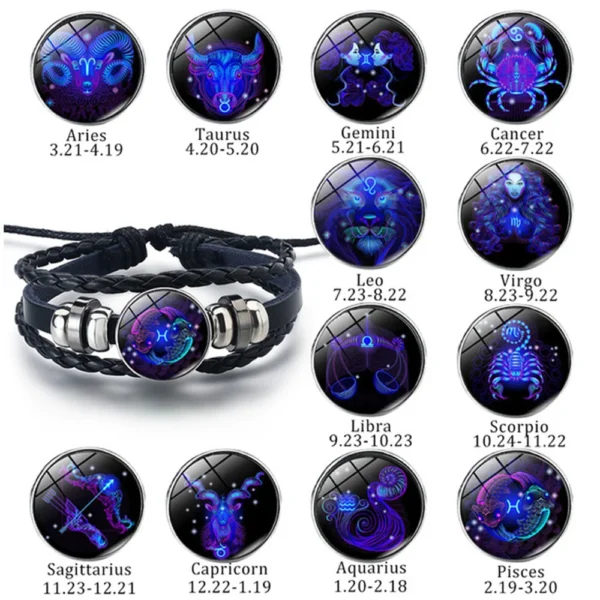 ⁦Aries Taurus Gemini Cancer Leo Virgo Libra Scorpio Sagittarius Capricorn Aquarius Pisces Zodiac Genuine Leather Bracelets⁩ - الصورة ⁦2⁩