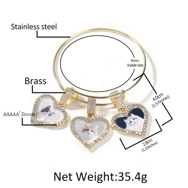 ⁦UWIN Women DIY Smaller CZ Heart Photo Bangles Heart Charms with Stainless Steel Bangle Memorial Bracelet⁩ - الصورة ⁦4⁩