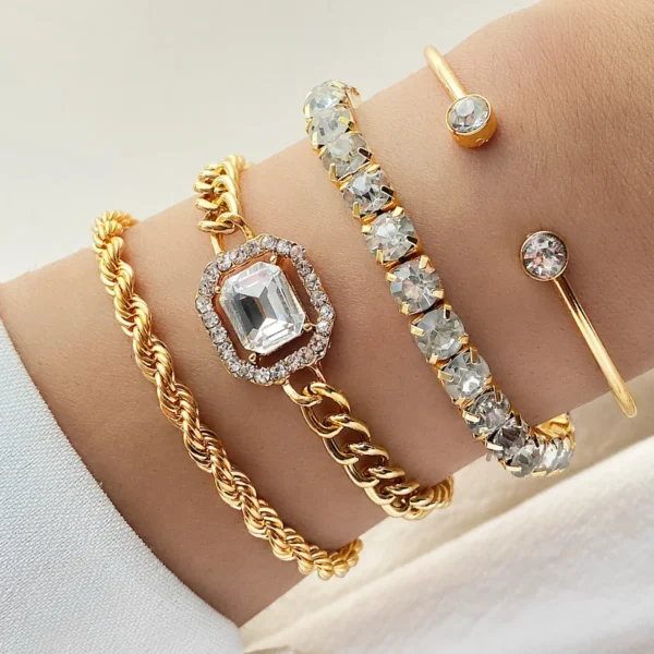 ⁦Hot Sell Vintage Gold Plated Square Diamond Adjustable Bracelet Bangles Set High Polished Charm Gold Bracelet for Women Jewelry⁩ - الصورة ⁦6⁩