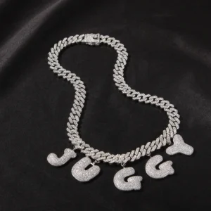 Luxury Personalized Bubble Shape Letter Necklace Custom Letter Name Pendant Necklace Iced Out 12mm Cuban Chain Jewelry