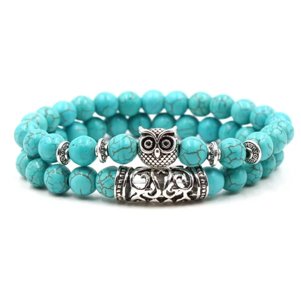 ⁦Bohemian 8mm Chain and Bead Bracelet Set Stone Silver Lion Owl Buddha Head Bracelet Jewelry Sets Turquoise Natural for Men High⁩ - الصورة ⁦5⁩