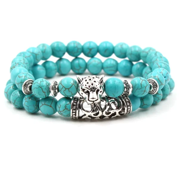 ⁦Bohemian 8mm Chain and Bead Bracelet Set Stone Silver Lion Owl Buddha Head Bracelet Jewelry Sets Turquoise Natural for Men High⁩ - الصورة ⁦6⁩