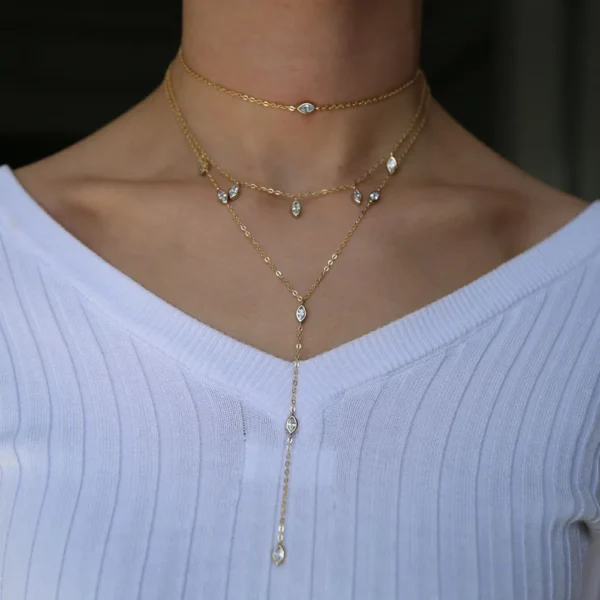 ⁦Fashion High Quality Three Layered Tiny Water Drop Long Chain Necklaces Sexy Women Lady Pave CZ Luxury Wedding Jewelry⁩ - الصورة ⁦4⁩