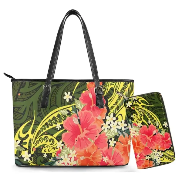 ⁦Drop Shipping Flowers Pattern HandBags and Purses Customized Polynesian Hawaiian Tote Bag for Women Luxury Pu Leather Hand Bags⁩ - الصورة ⁦2⁩
