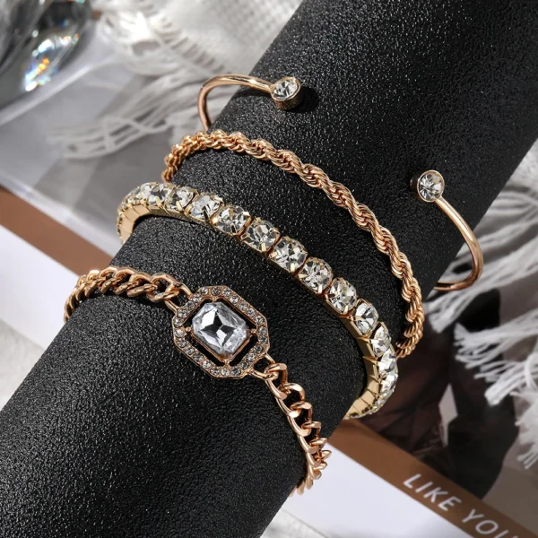 ⁦Hot Sell Vintage Gold Plated Square Diamond Adjustable Bracelet Bangles Set High Polished Charm Gold Bracelet for Women Jewelry⁩ - الصورة ⁦2⁩