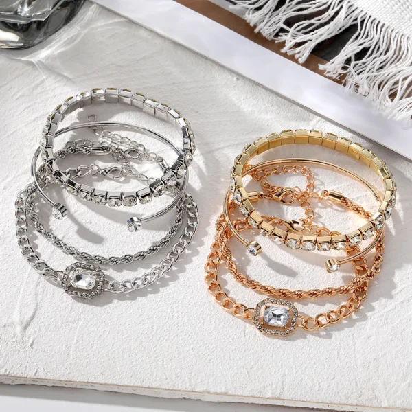 ⁦Hot Sell Vintage Gold Plated Square Diamond Adjustable Bracelet Bangles Set High Polished Charm Gold Bracelet for Women Jewelry⁩ - الصورة ⁦4⁩