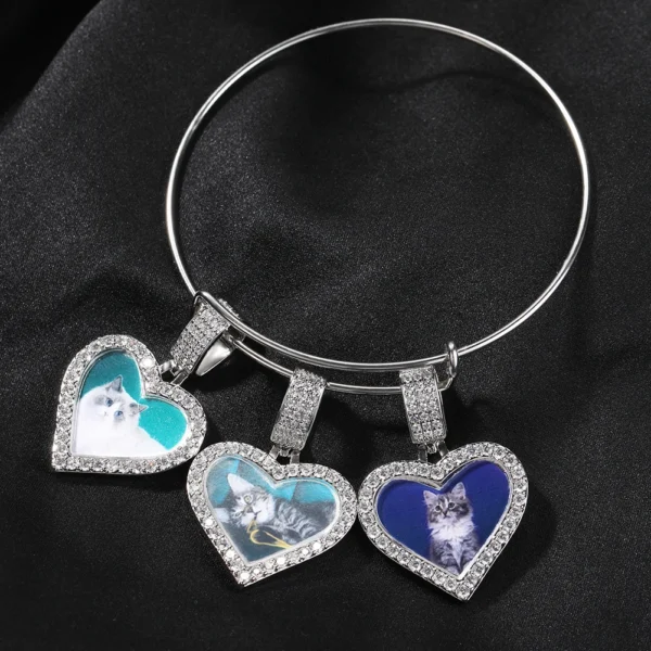 ⁦UWIN Women DIY Smaller CZ Heart Photo Bangles Heart Charms with Stainless Steel Bangle Memorial Bracelet⁩ - الصورة ⁦5⁩