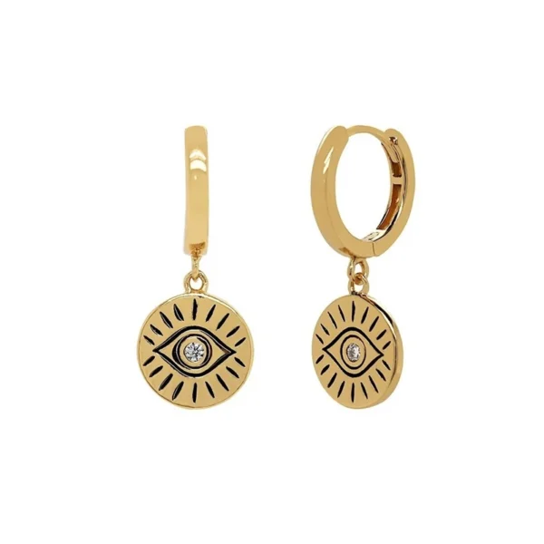 ⁦Fashion Jewelry 925 Sterling Silver Oil Drop Black Eye Eyelash Round Disc Pendant Gold Plated Hoop Earrings Women⁩ - الصورة ⁦6⁩