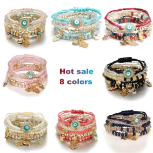 Dropshipping Designer Charms Woven Bracelet Women Adjustable Boho Lucky Evil Eye Beads Stack Bracelets Jewelry Sets