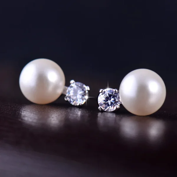 ⁦925 Sterling Silver Zircon Pearl Stud Earrings for Women Girls Fashion Jewelry⁩ - الصورة ⁦2⁩