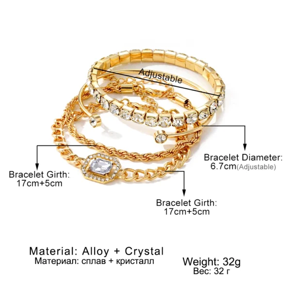 ⁦Hot Sell Vintage Gold Plated Square Diamond Adjustable Bracelet Bangles Set High Polished Charm Gold Bracelet for Women Jewelry⁩ - الصورة ⁦5⁩