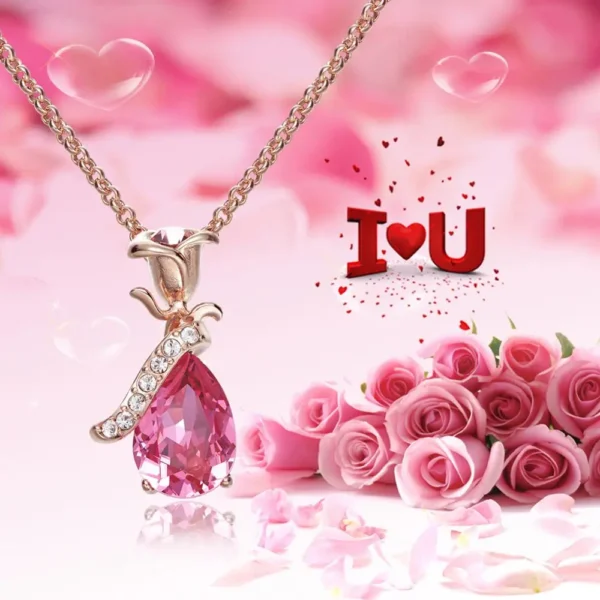 ⁦Qings Jewelry Rose Gold Plated 925 Sterling Silver Pink Crystal Necklace Gold Pink Necklaces Rose Gold Necklaces⁩ - الصورة ⁦2⁩