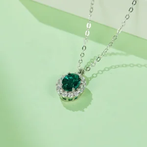 Fine Jewelry 925 Sterling Silver Oval Cut Synthetic Gemstone 1 Carat Diamond Pendant Green Emerald Necklace