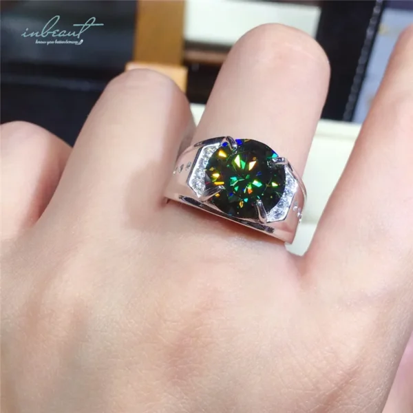 ⁦Silver 925 Original 5 Carat Brilliant Cut Genuine Pass Diamond Test Dark Green Moissanite Ring for Men Wedding Gift Fine Jewelry⁩ - الصورة ⁦3⁩