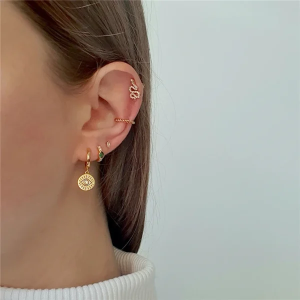 ⁦Fashion Jewelry 925 Sterling Silver Oil Drop Black Eye Eyelash Round Disc Pendant Gold Plated Hoop Earrings Women⁩ - الصورة ⁦3⁩