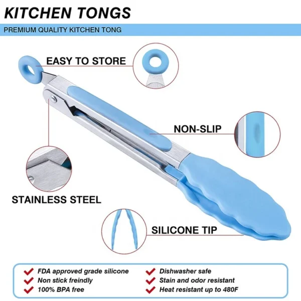 ⁦Custom Logo BBQ Grill Tools Kitchen Utensil Steel Silicone Food Tong With 7 9 12 Inch⁩ - الصورة ⁦4⁩