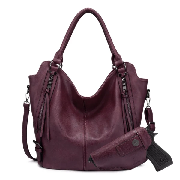 ⁦REALER Tactical Concealed Carry Hobo Purse Lady Leather Shoulder Bags Handbags Women Large Tote Bag With Detachable Gun Holster⁩ - الصورة ⁦2⁩
