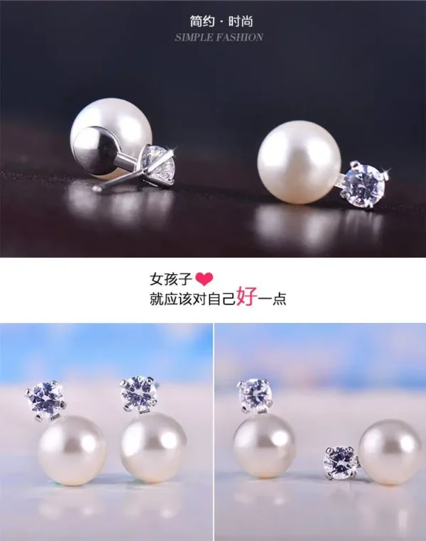 ⁦925 Sterling Silver Zircon Pearl Stud Earrings for Women Girls Fashion Jewelry⁩ - الصورة ⁦5⁩