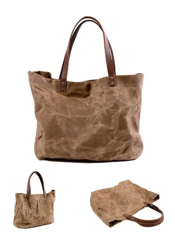 ⁦Waterproof Oil Wax Canvas Handbag Fashion Tote Bag Cross Section Large Capacity Shopping Bag Shoulder Bag⁩ - الصورة ⁦4⁩