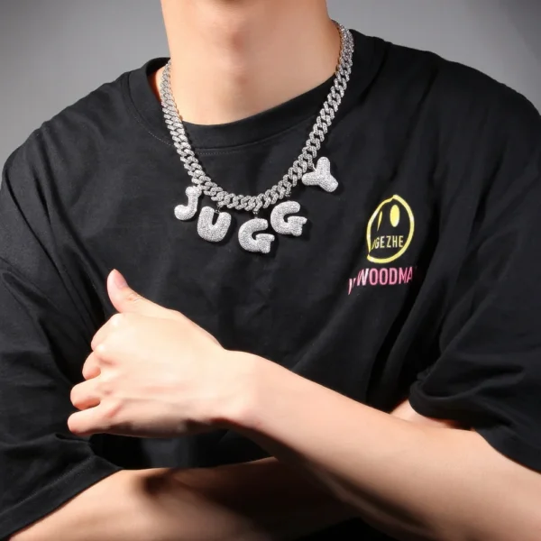 ⁦Luxury Personalized Bubble Shape Letter Necklace Custom Letter Name Pendant Necklace Iced Out 12mm Cuban Chain Jewelry⁩ - الصورة ⁦3⁩