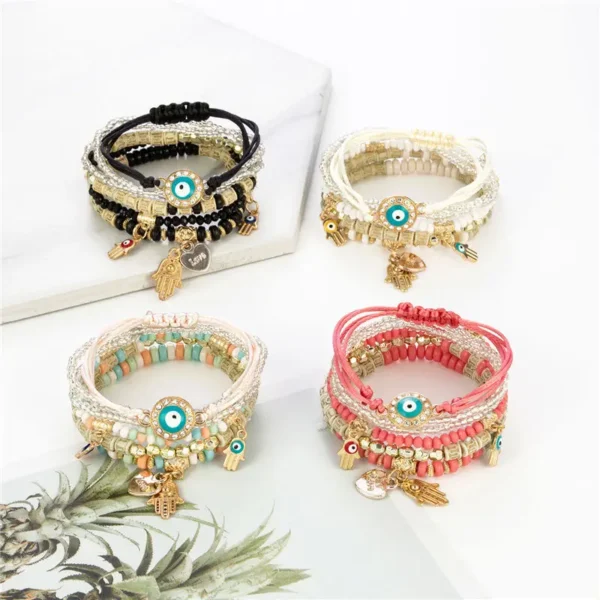 ⁦Dropshipping Designer Charms Woven Bracelet Women Adjustable Boho Lucky Evil Eye Beads Stack Bracelets Jewelry Sets⁩ - الصورة ⁦6⁩
