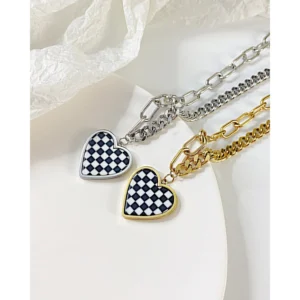 Fast Delivery High Quality Stainless Steel Jewelry Real 18K Gold Plated Heart Choker Necklace White & Black Checked Pendant