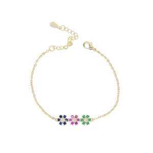 rainbow Colorful Cz Flower Charm 3 Pcs Daisy Flowers Charm Chain Bracelet for Women Daily Wear