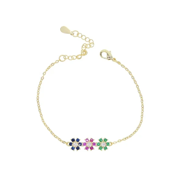 rainbow Colorful Cz Flower Charm 3 Pcs Daisy Flowers Charm Chain Bracelet for Women Daily Wear