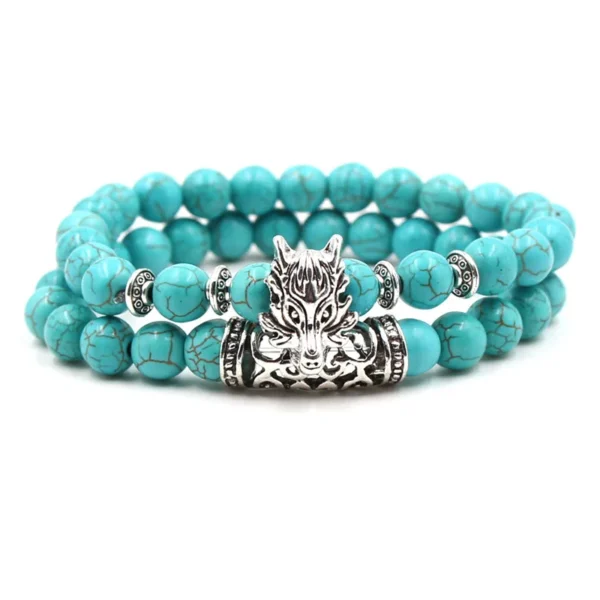 ⁦Bohemian 8mm Chain and Bead Bracelet Set Stone Silver Lion Owl Buddha Head Bracelet Jewelry Sets Turquoise Natural for Men High⁩ - الصورة ⁦4⁩