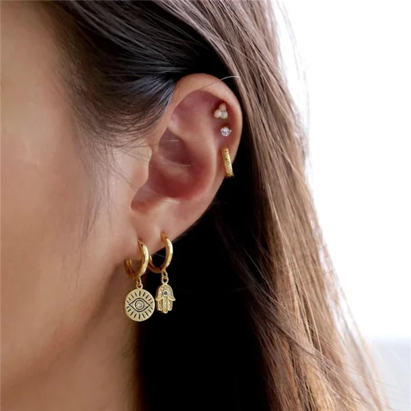 ⁦Fashion Jewelry 925 Sterling Silver Oil Drop Black Eye Eyelash Round Disc Pendant Gold Plated Hoop Earrings Women⁩ - الصورة ⁦2⁩