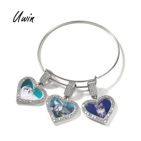 ⁦UWIN Women DIY Smaller CZ Heart Photo Bangles Heart Charms with Stainless Steel Bangle Memorial Bracelet⁩ - الصورة ⁦6⁩