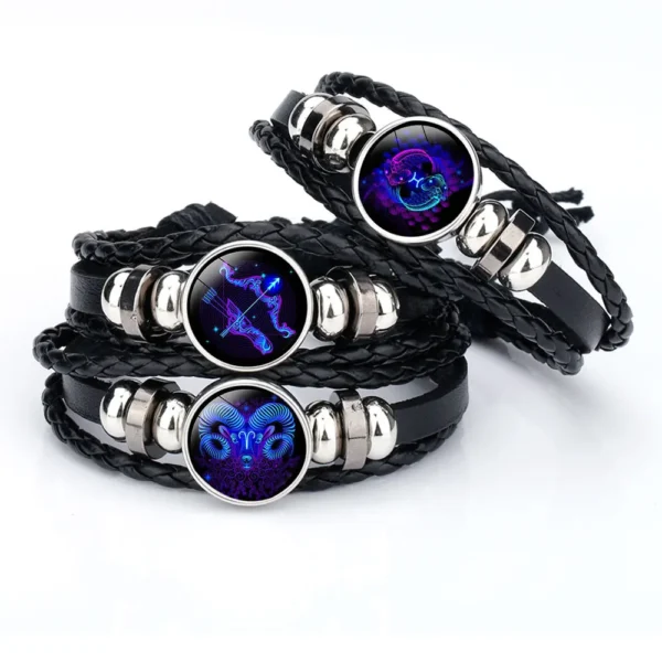 ⁦Aries Taurus Gemini Cancer Leo Virgo Libra Scorpio Sagittarius Capricorn Aquarius Pisces Zodiac Genuine Leather Bracelets⁩ - الصورة ⁦6⁩