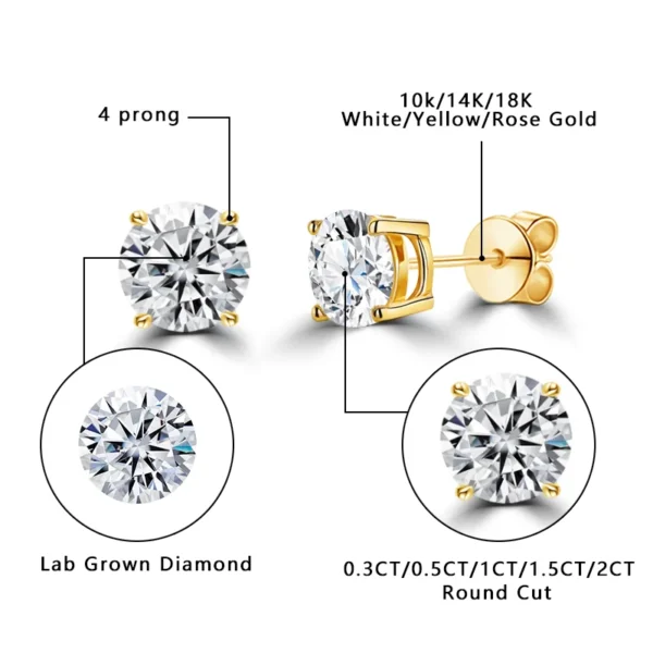 ⁦Starsgem Basket Set Stud Earring 14K Soild Gold 0.3ct 0.5ct 1ct D VVS2 Round Cut IGI Lab Grown Diamond Earrings⁩ - الصورة ⁦2⁩