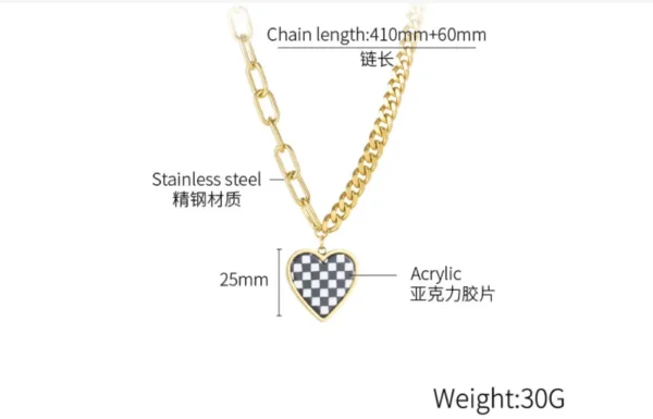 ⁦Fast Delivery High Quality Stainless Steel Jewelry Real 18K Gold Plated Heart Choker Necklace White & Black Checked Pendant⁩ - الصورة ⁦4⁩