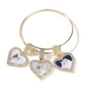 UWIN Women DIY Smaller CZ Heart Photo Bangles Heart Charms with Stainless Steel Bangle Memorial Bracelet
