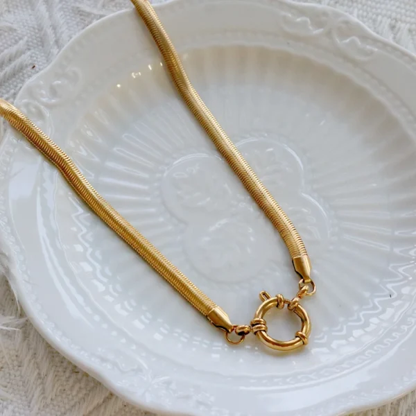 ⁦Fashion 18K Gold Plated Stainless Steel Simple Round Spring Buckle Chain Choker Necklace Layering Necklace for Women Jewelry⁩ - الصورة ⁦2⁩