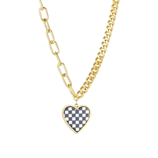 ⁦Fast Delivery High Quality Stainless Steel Jewelry Real 18K Gold Plated Heart Choker Necklace White & Black Checked Pendant⁩ - الصورة ⁦6⁩