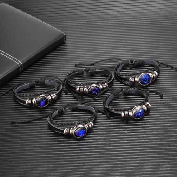 ⁦Aries Taurus Gemini Cancer Leo Virgo Libra Scorpio Sagittarius Capricorn Aquarius Pisces Zodiac Genuine Leather Bracelets⁩ - الصورة ⁦5⁩