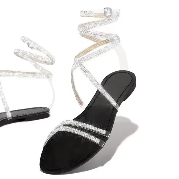 ⁦New Flat With Large Size Winding Belt Rhinestones Womens Sandals⁩ - الصورة ⁦3⁩