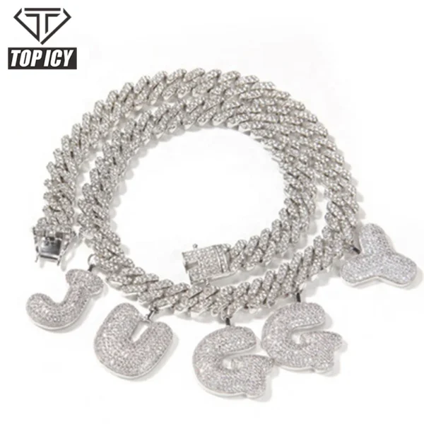 ⁦Luxury Personalized Bubble Shape Letter Necklace Custom Letter Name Pendant Necklace Iced Out 12mm Cuban Chain Jewelry⁩ - الصورة ⁦6⁩