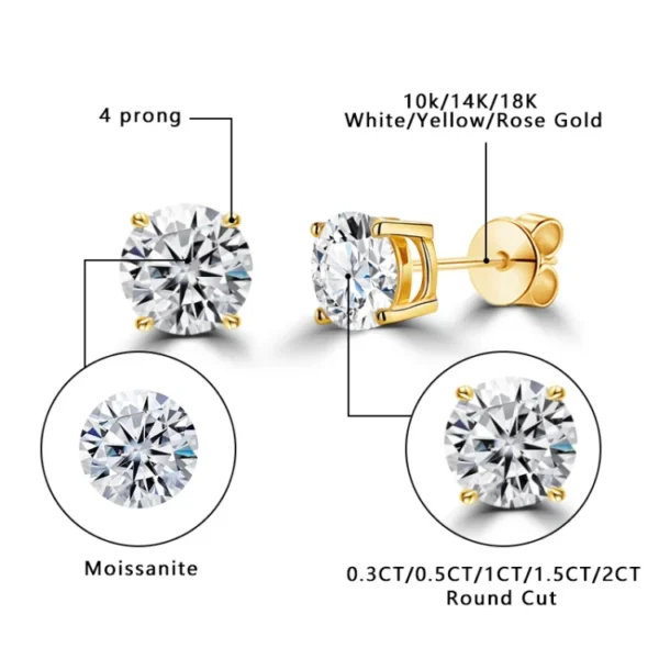 ⁦Starsgem 4 Prongs 14K White Yellow Rose Gold 0.5 1 1.5 2 CT Round Moissanite Diamond Stone Stud Earrings⁩ - الصورة ⁦2⁩